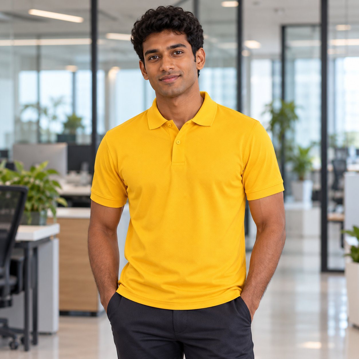 Click to zoom Golden Yellow Air Dry Polo T-Shirt customised with your company logo, worn by a man on a modern office floor. Custom logo polo T-shirt for corporate gifting.