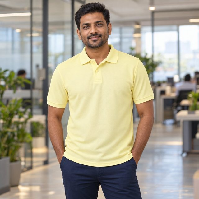 Lemon Yellow Atlanta Polo T-Shirt customised with your company logo, worn by a man on a modern office floor. Custom logo polo T-shirt for corporate gifting.