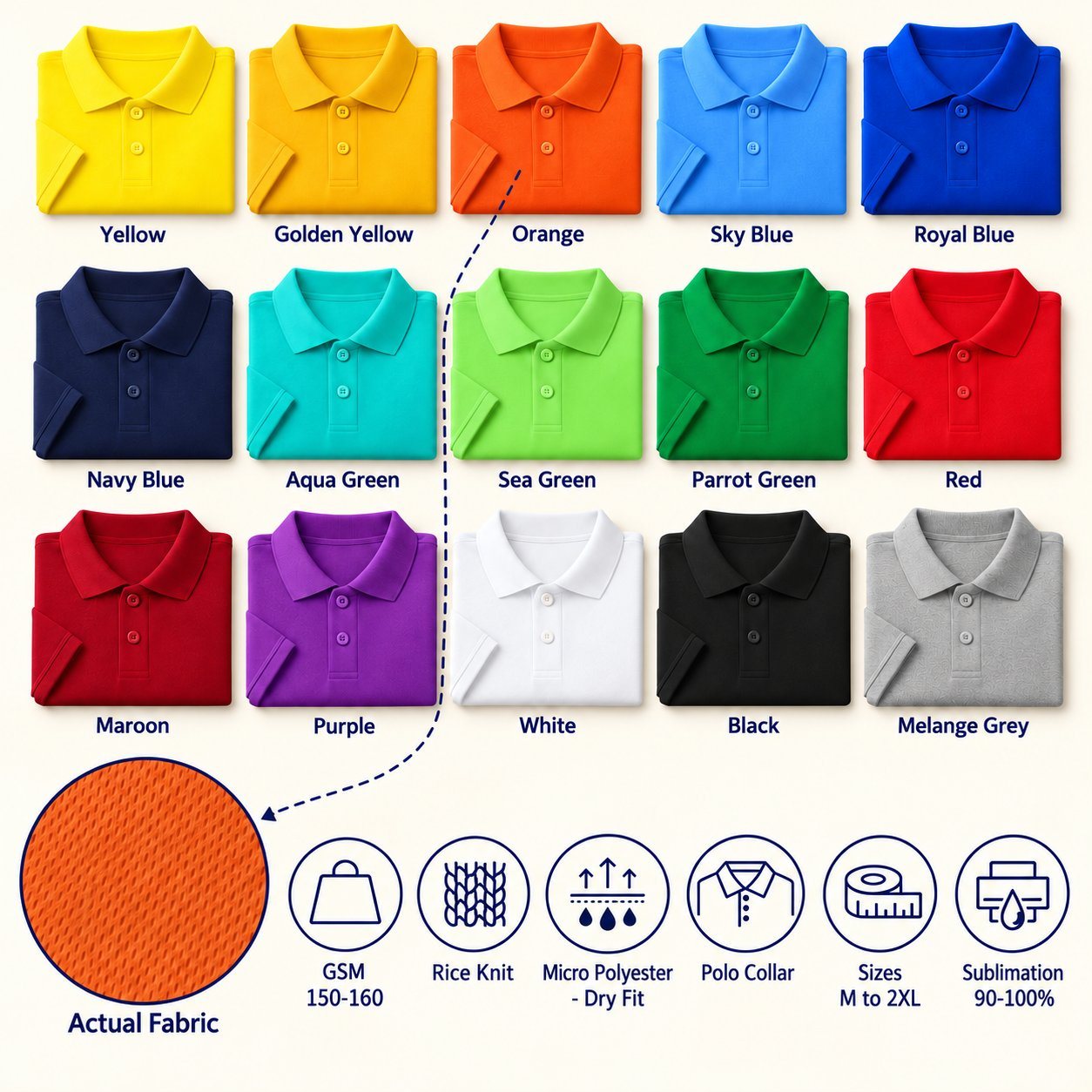 Click to zoom Berlin Polo T-Shirt in all 15 colours, folded, with a fabric close-up and specs (150-160 GSM rice knit micro polyester - dry fit). Customised corporate polo T-shirts for gifting, uniforms and bulk orders.