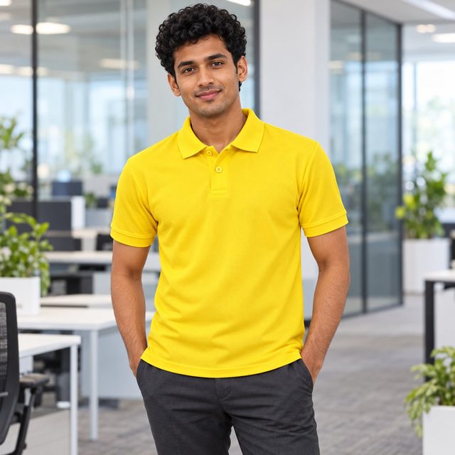 Yellow Berlin Polo T-Shirt customised with your company logo, worn by a man on a modern office floor. Custom logo polo T-shirt for corporate gifting.