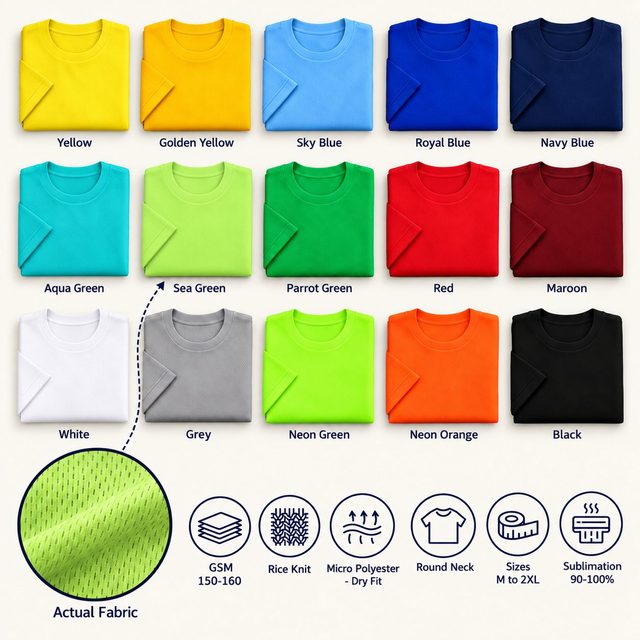 Berlin Round Neck T-Shirt in all 15 colours, folded, with a fabric close-up and specs (150-160 GSM rice knit micro polyester - dry fit). Customised corporate T-shirts for gifting, uniforms and bulk orders.