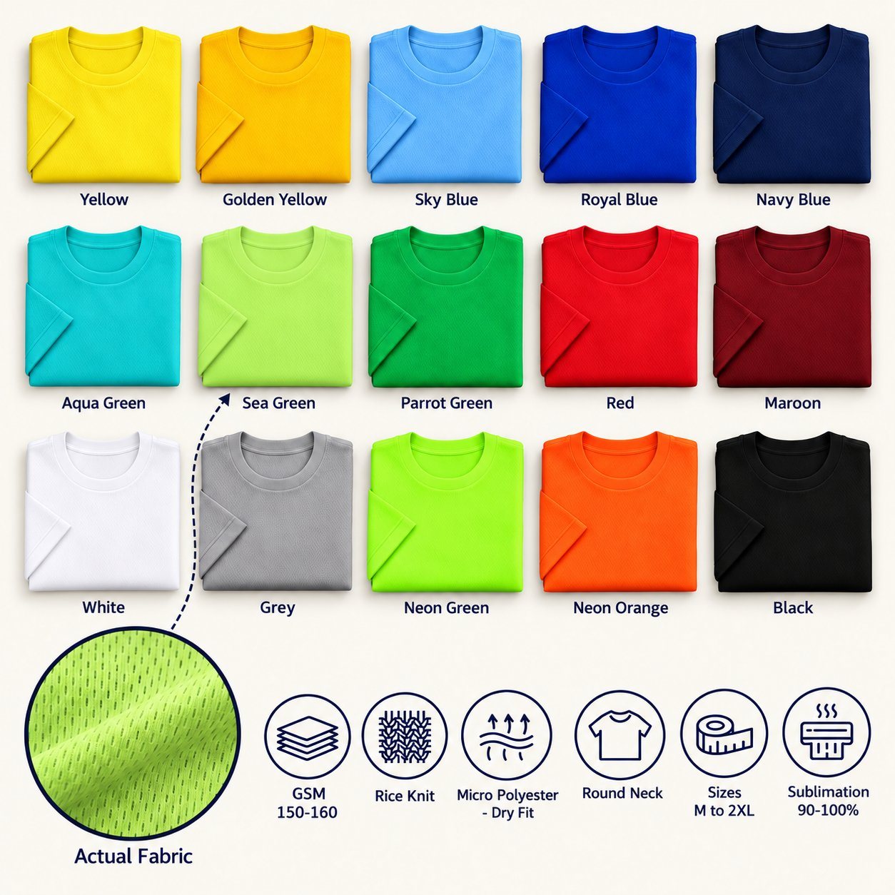 Click to zoom Berlin Round Neck T-Shirt in all 15 colours, folded, with a fabric close-up and specs (150-160 GSM rice knit micro polyester - dry fit). Customised corporate T-shirts for gifting, uniforms and bulk orders.