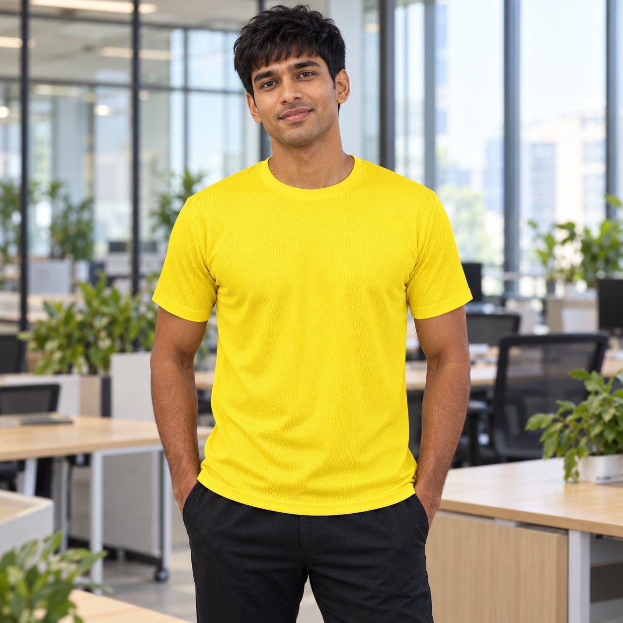 Click to zoom Yellow Berlin Round Neck T-Shirt customised with your company logo, worn by a man in a modern office. Custom logo T-shirt for corporate gifting.