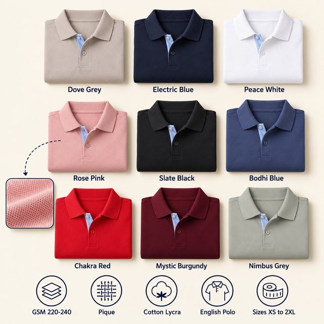 Buddha Polo T-Shirt in all 9 colours, folded, with a fabric close-up and specs (220-240 GSM pique cotton lycra). Customised corporate polo T-shirts for gifting, uniforms and bulk orders.