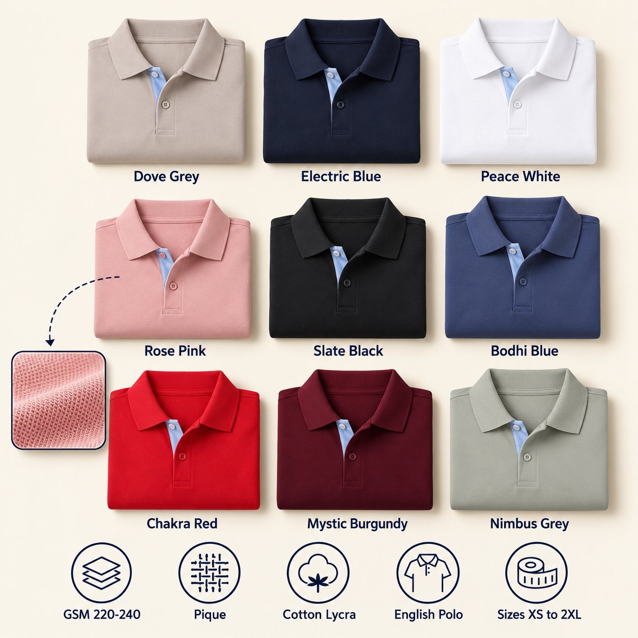 Click to zoom Buddha Polo T-Shirt in all 9 colours, folded, with a fabric close-up and specs (220-240 GSM pique cotton lycra). Customised corporate polo T-shirts for gifting, uniforms and bulk orders.