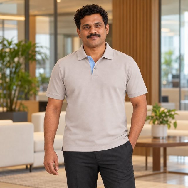 Dove Grey Buddha Polo T-Shirt customised with your company logo, worn by a man in an upscale office lounge. Custom logo polo T-shirt for corporate gifting.