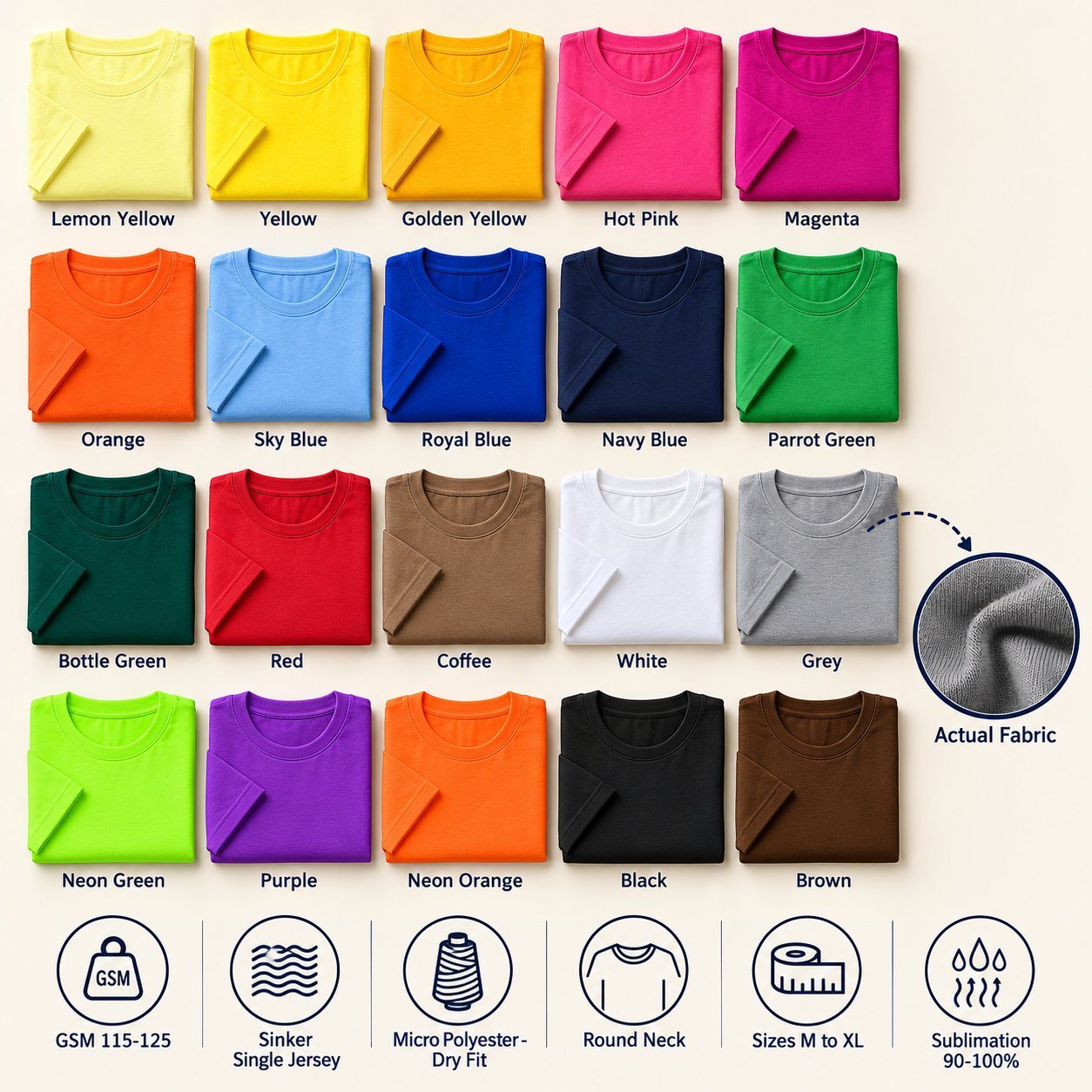 Click to zoom Chelsea Round Neck T-Shirt in all 20 colours, folded, with a fabric close-up and specs (115-125 GSM sinker - single jersey micro polyester - dry fit). Customised corporate T-shirts for gifting, uniforms and bulk orders.
