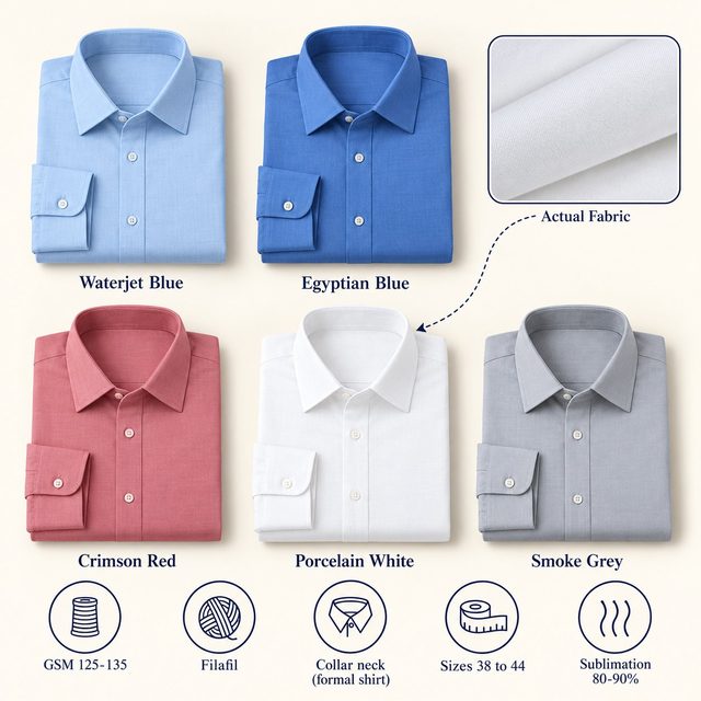 Clark Formal Shirt in all 5 colours, folded, with a fabric close-up and specs (125-135 GSM filafil). Customised corporate formal shirts for gifting, uniforms and bulk orders.