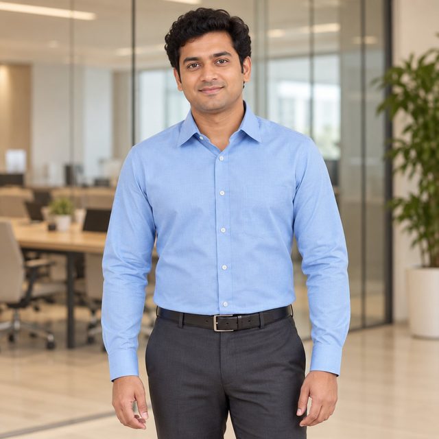 Waterjet Blue Clark Formal Shirt customised with your company logo, worn by a man at a corporate office. Custom logo formal shirt for corporate gifting.