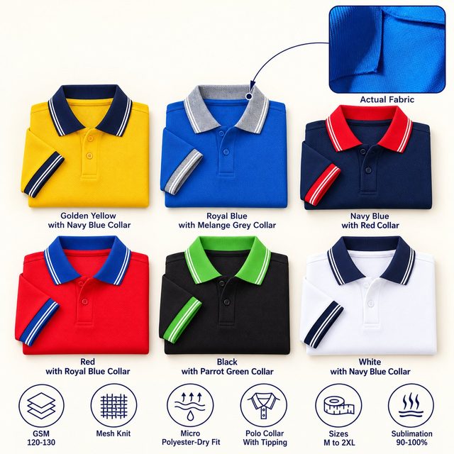 Cobalt Polo T-Shirt in all 6 colours, folded, with a fabric close-up and specs (120-130 GSM mesh knit micro polyester-dry fit). Customised corporate polo T-shirts for gifting, uniforms and bulk orders.