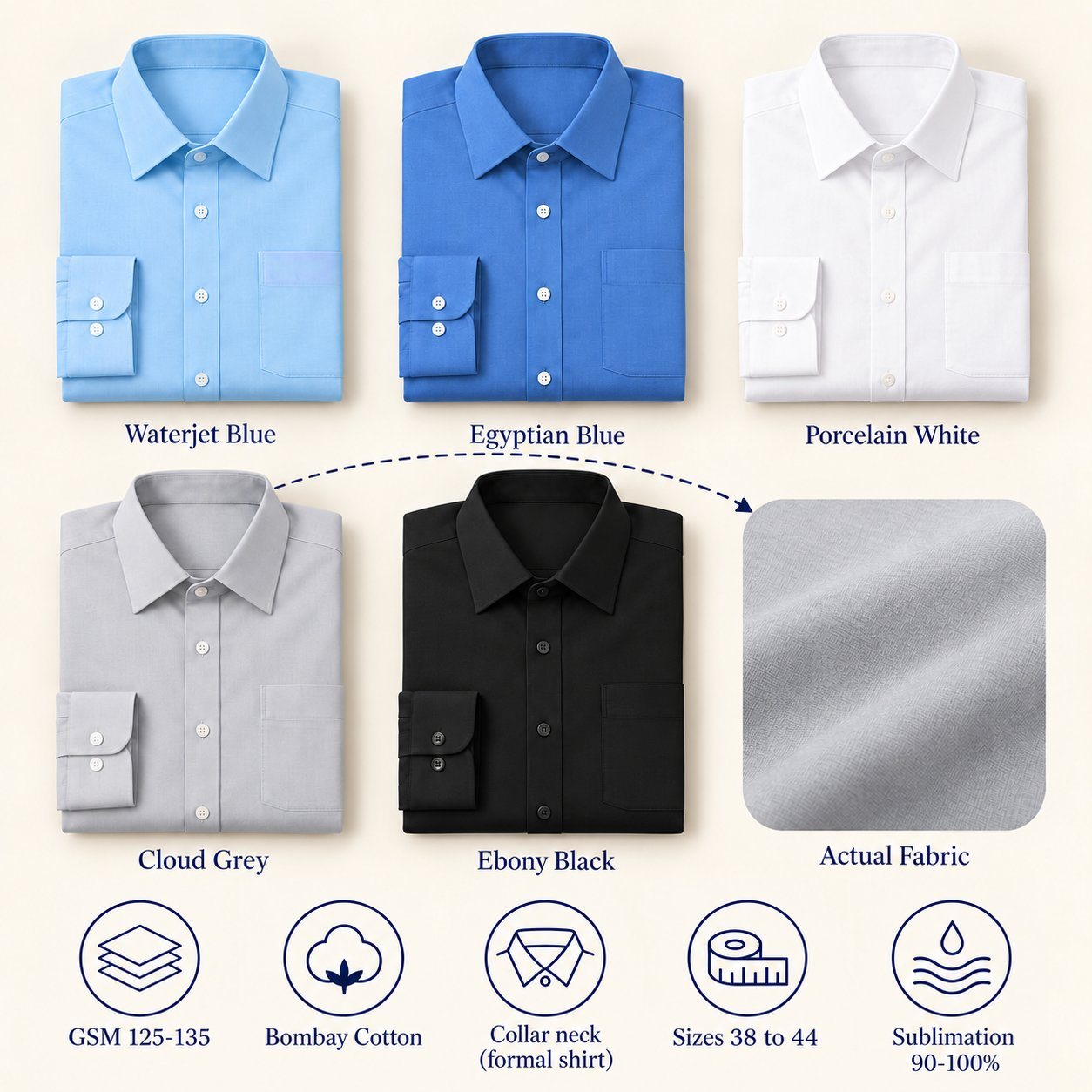 Click to zoom David Formal Shirt in all 5 colours, folded, with a fabric close-up and specs (125-135 GSM bombay cotton). Customised corporate formal shirts for gifting, uniforms and bulk orders.