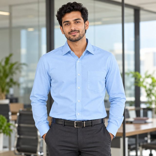 Waterjet Blue David Formal Shirt customised with your company logo, worn by a man at a corporate office. Custom logo formal shirt for corporate gifting.