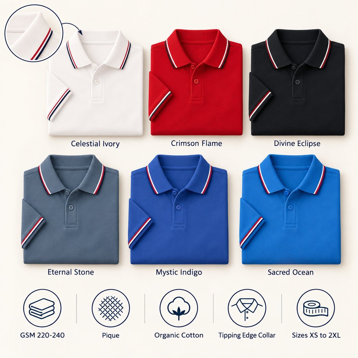 Click to zoom Divine Polo T-Shirt in all 6 colours, folded, with a fabric close-up and specs (220-240 GSM pique organic cotton). Customised corporate polo T-shirts for gifting, uniforms and bulk orders.