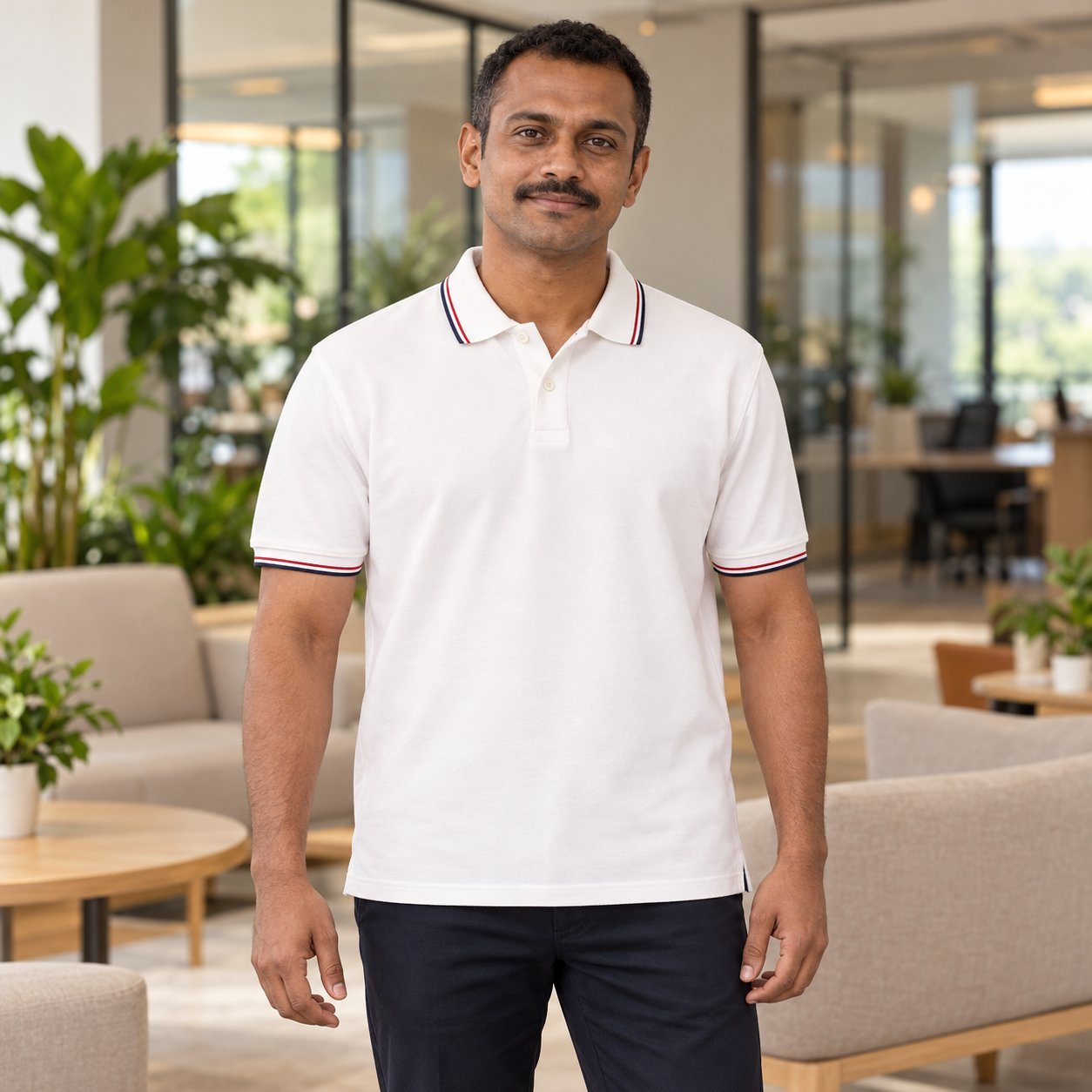 Click to zoom Celestial Ivory Divine Polo T-Shirt customised with your company logo, worn by a man in an upscale office lounge. Custom logo polo T-shirt for corporate gifting.