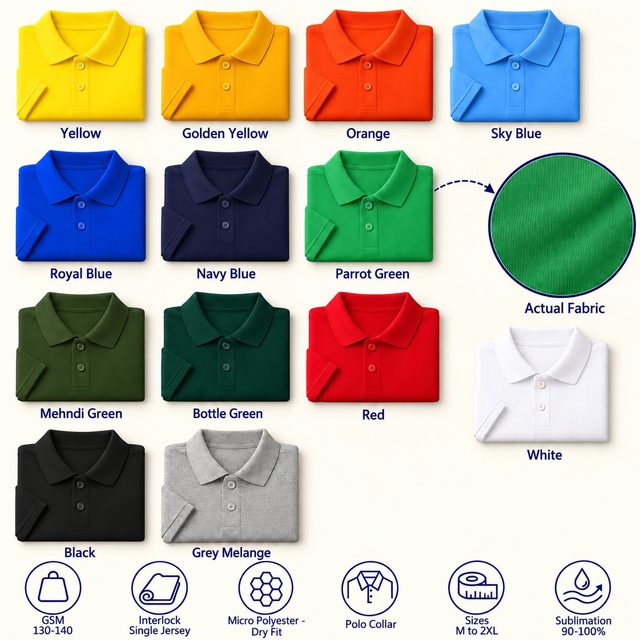Eagles Polo T-Shirt in all 13 colours, folded, with a fabric close-up and specs (130-140 GSM interlock - single jersey micro polyester - dry fit). Customised corporate polo T-shirts for gifting, uniforms and bulk orders.