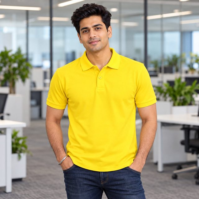 Yellow Eagles Polo T-Shirt customised with your company logo, worn by a man on a modern office floor. Custom logo polo T-shirt for corporate gifting.