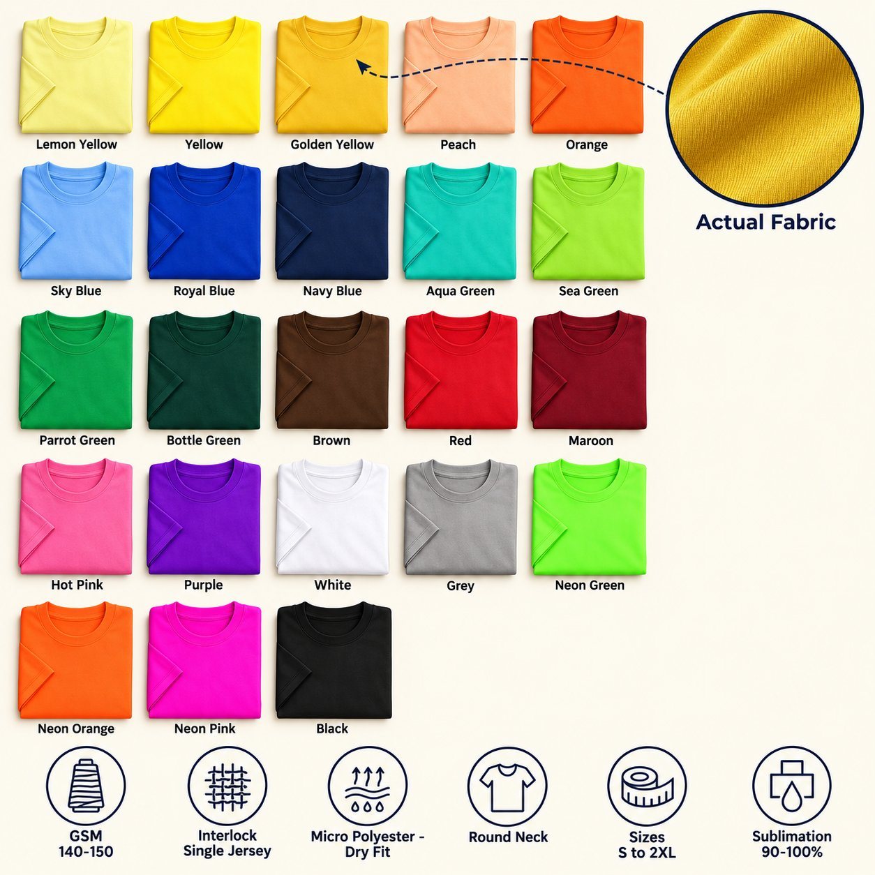 Click to zoom Eagles Round Neck T-Shirt in all 23 colours, folded, with a fabric close-up and specs (140-150 GSM interlock - single jersey micro polyester - dry fit). Customised corporate T-shirts for gifting, uniforms and bulk orders.