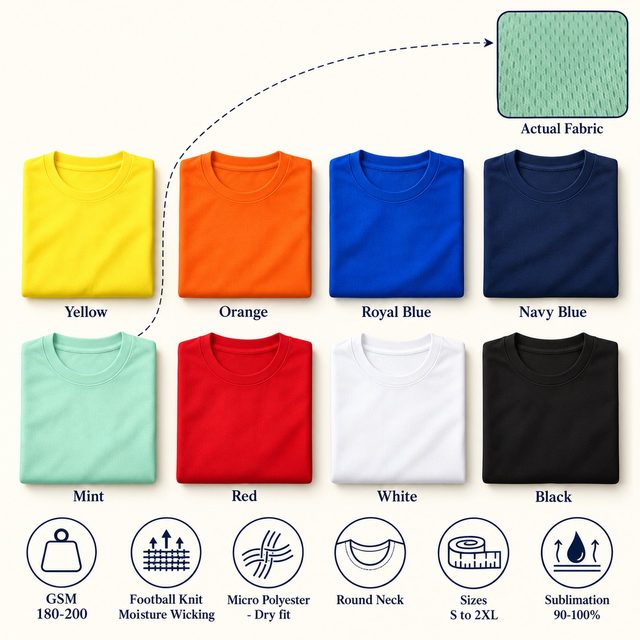 Falcon Round Neck T-Shirt in all 8 colours, folded, with a fabric close-up and specs (180-200 GSM football knit - moisture wicking micro polyester - dry fit). Customised corporate T-shirts for gifting, uniforms and bulk orders.