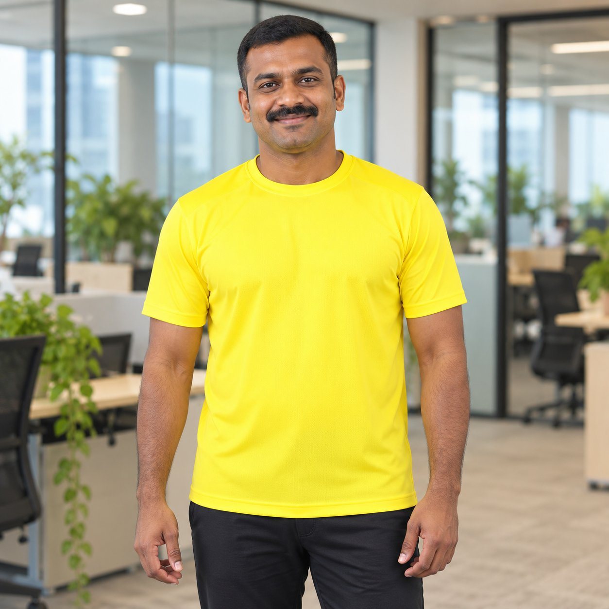 Yellow Falcon Round Neck T-Shirt customised with your company logo, worn by a man in a modern office. Custom logo T-shirt for corporate gifting.