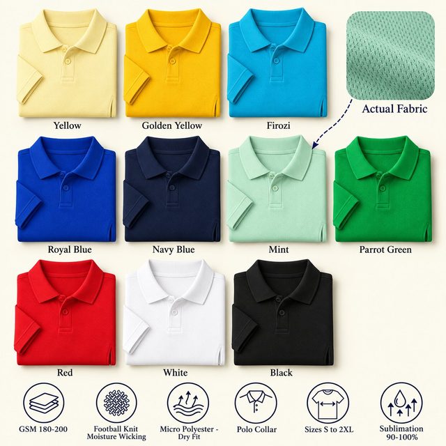 Falcons Polo T-Shirt in all 10 colours, folded, with a fabric close-up and specs (180-200 GSM football knit - moisture wicking micro polyester - dry fit). Customised corporate polo T-shirts for gifting, uniforms and bulk orders.