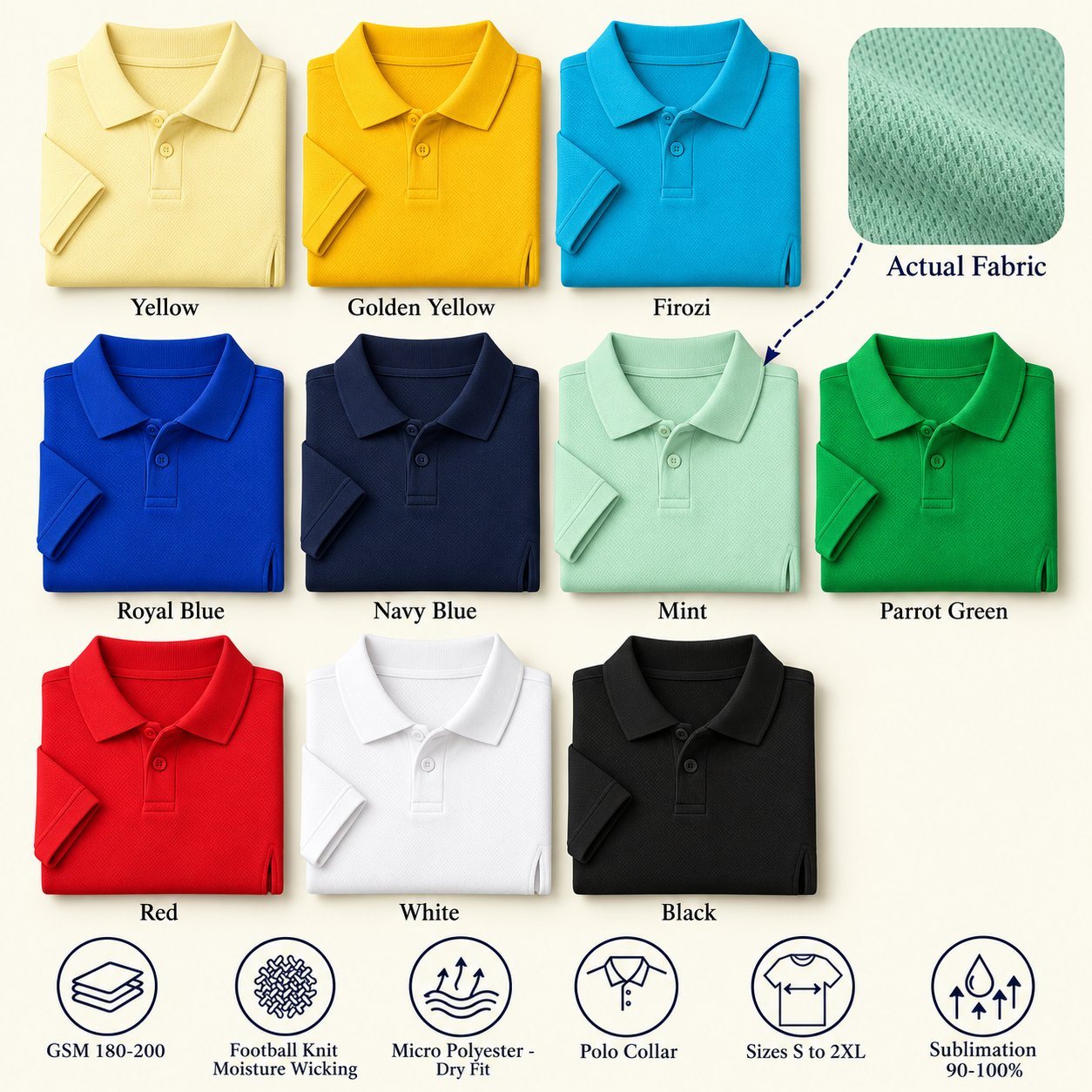 Falcons Polo T-Shirt in all 10 colours, folded, with a fabric close-up and specs (180-200 GSM football knit - moisture wicking micro polyester - dry fit). Customised corporate polo T-shirts for gifting, uniforms and bulk orders.