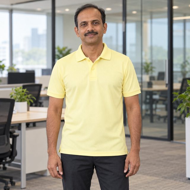 Yellow Falcons Polo T-Shirt customised with your company logo, worn by a man on a modern office floor. Custom logo polo T-shirt for corporate gifting.