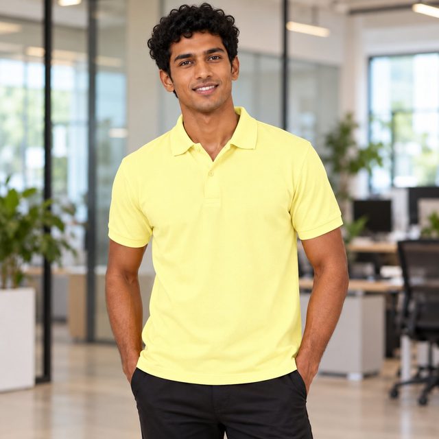 Lemon Yellow Flames Polo T-Shirt customised with your company logo, worn by a man on a modern office floor. Custom logo polo T-shirt for corporate gifting.