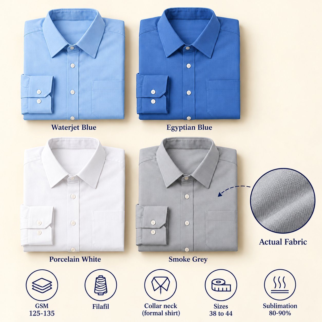 Click to zoom George Formal Shirt in all 4 colours, folded, with a fabric close-up and specs (125-135 GSM filafil). Customised corporate formal shirts for gifting, uniforms and bulk orders.