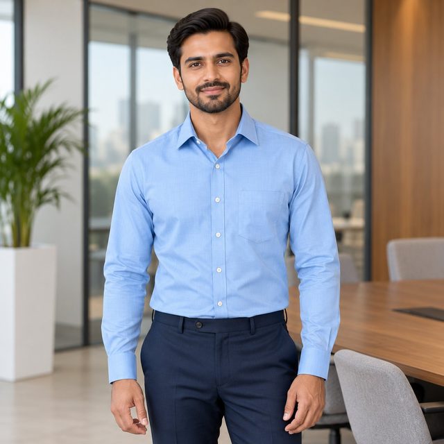 Waterjet Blue George Formal Shirt customised with your company logo, worn by a man at a corporate office. Custom logo formal shirt for corporate gifting.