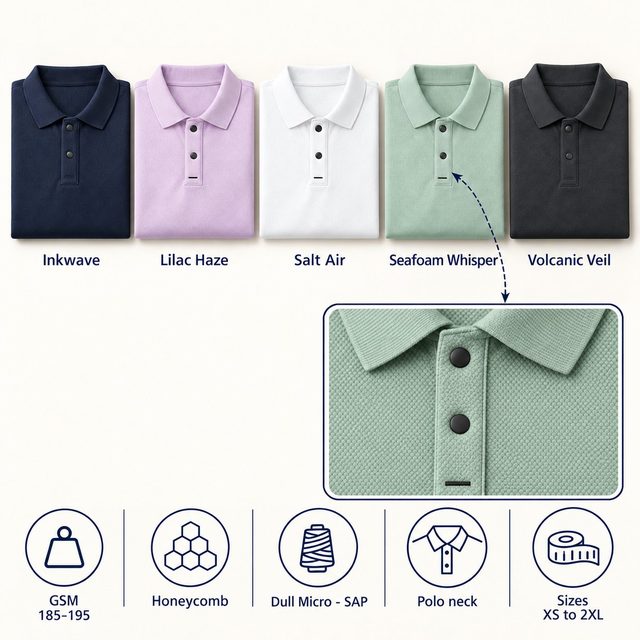 Horizan Polo T-Shirt in all 5 colours, folded, with a fabric close-up and specs (185-195 GSM honeycomb dull micro - sap). Customised corporate polo T-shirts for gifting, uniforms and bulk orders.