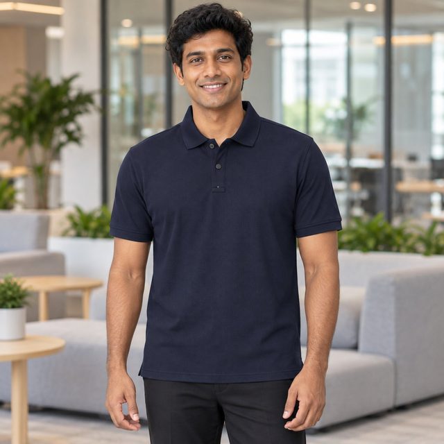Inkwave Horizan Polo T-Shirt customised with your company logo, worn by a man in an upscale office lounge. Custom logo polo T-shirt for corporate gifting.