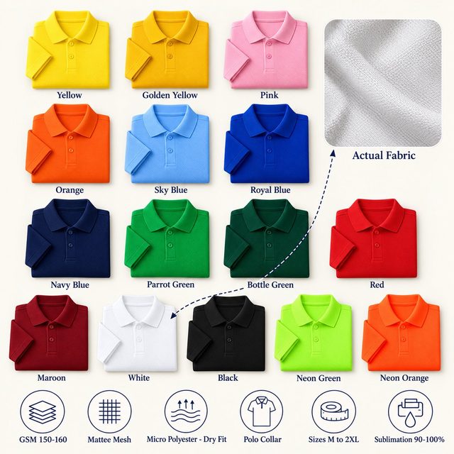 Juniper Polo T-Shirt in all 15 colours, folded, with a fabric close-up and specs (150-160 GSM mesh micro polyester - dry fit). Customised corporate polo T-shirts for gifting, uniforms and bulk orders.