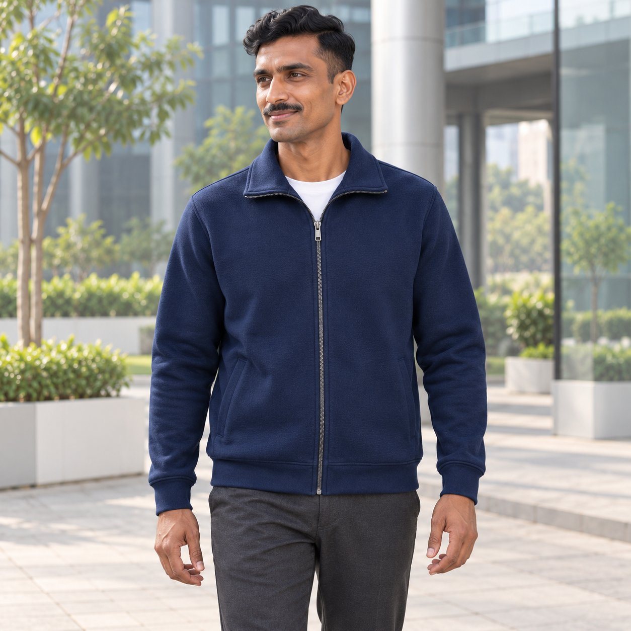 Click to zoom Navy Blue Liverpool Full Zipper Sweatshirt customised with your company logo, worn by a man on an office campus on a winter morning. Custom logo sweatshirt for corporate gifting.