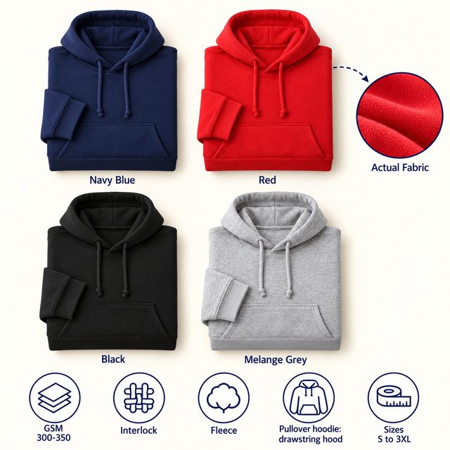 Liverpool Hooded Sweatshirt in all 4 colours, folded, with a fabric close-up and specs (300-350 GSM interlock fleece). Customised corporate sweatshirts for gifting, uniforms and bulk orders.