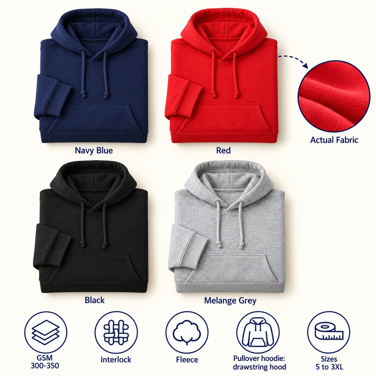 Click to zoom Liverpool Hooded Sweatshirt in all 4 colours, folded, with a fabric close-up and specs (300-350 GSM interlock fleece). Customised corporate sweatshirts for gifting, uniforms and bulk orders.