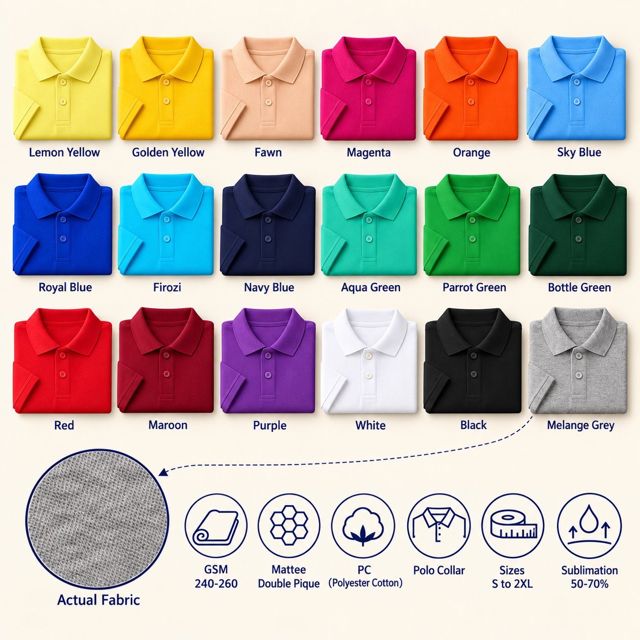 Click to zoom Liverpool Polo T-Shirt in all 18 colours, folded, with a fabric close-up and specs (240-260 GSM double pique poly-cotton). Customised corporate polo T-shirts for gifting, uniforms and bulk orders.