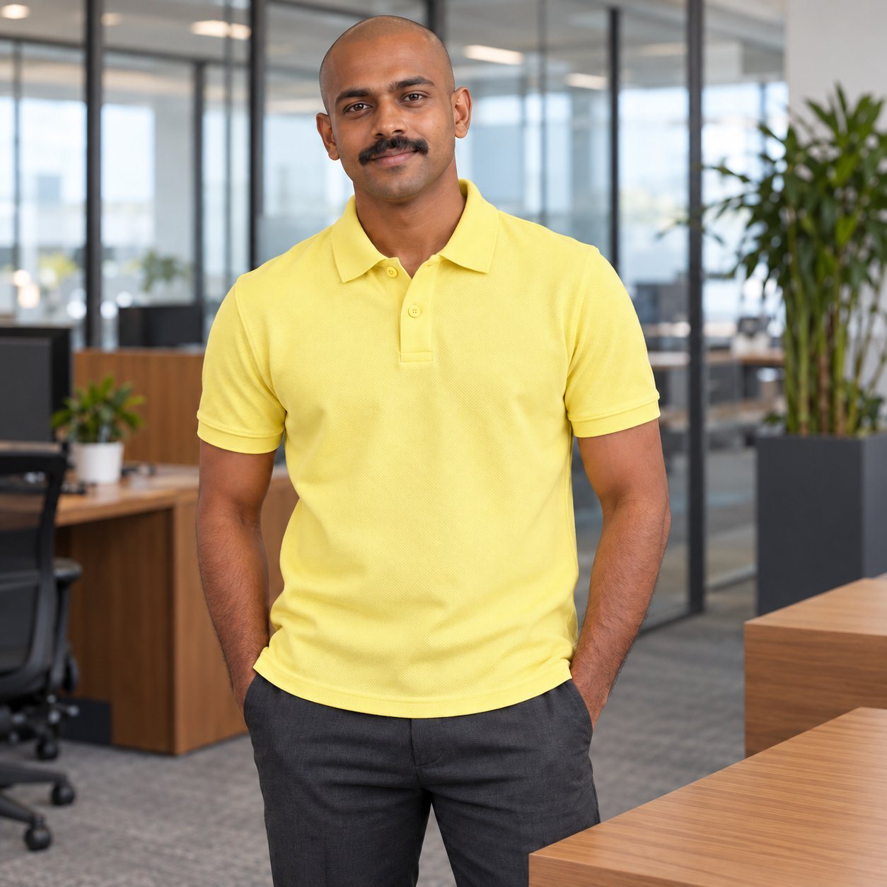Click to zoom Lemon Yellow Liverpool Polo T-Shirt customised with your company logo, worn by a man on a modern office floor. Custom logo polo T-shirt for corporate gifting.