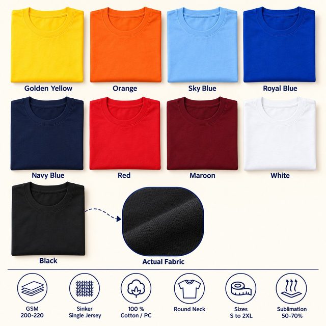 Liverpool Round Neck T-Shirt in all 9 colours, folded, with a fabric close-up and specs (200-220 GSM sinker - single jersey 100 % cotton/ pc). Customised corporate T-shirts for gifting, uniforms and bulk orders.