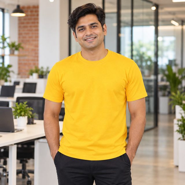 Golden Yellow Liverpool Round Neck T-Shirt customised with your company logo, worn by a man in a startup office. Custom logo T-shirt for corporate gifting.