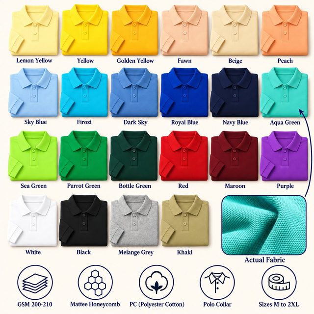 Manchester Polo T-Shirt in all 22 colours, folded, with a fabric close-up and specs (200-210 GSM honeycomb poly-cotton). Customised corporate polo T-shirts for gifting, uniforms and bulk orders.