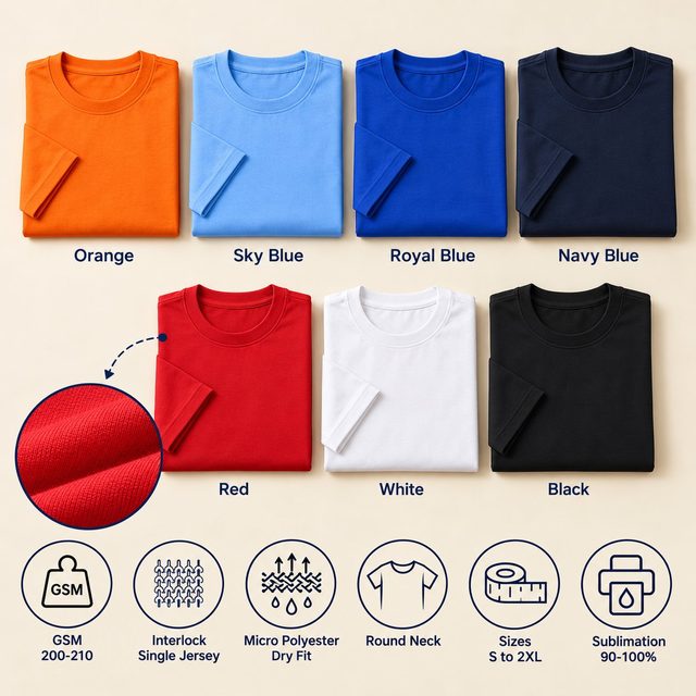 Manchester Round Neck T-Shirt in all 7 colours, folded, with a fabric close-up and specs (200-210 GSM interlock - single jersey micro polyester - dry fit). Customised corporate T-shirts for gifting, uniforms and bulk orders.