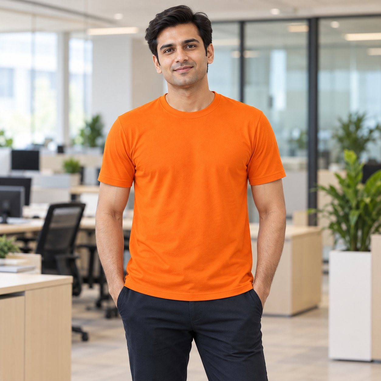 Orange Manchester Round Neck T-Shirt customised with your company logo, worn by a man in a modern office. Custom logo T-shirt for corporate gifting.
