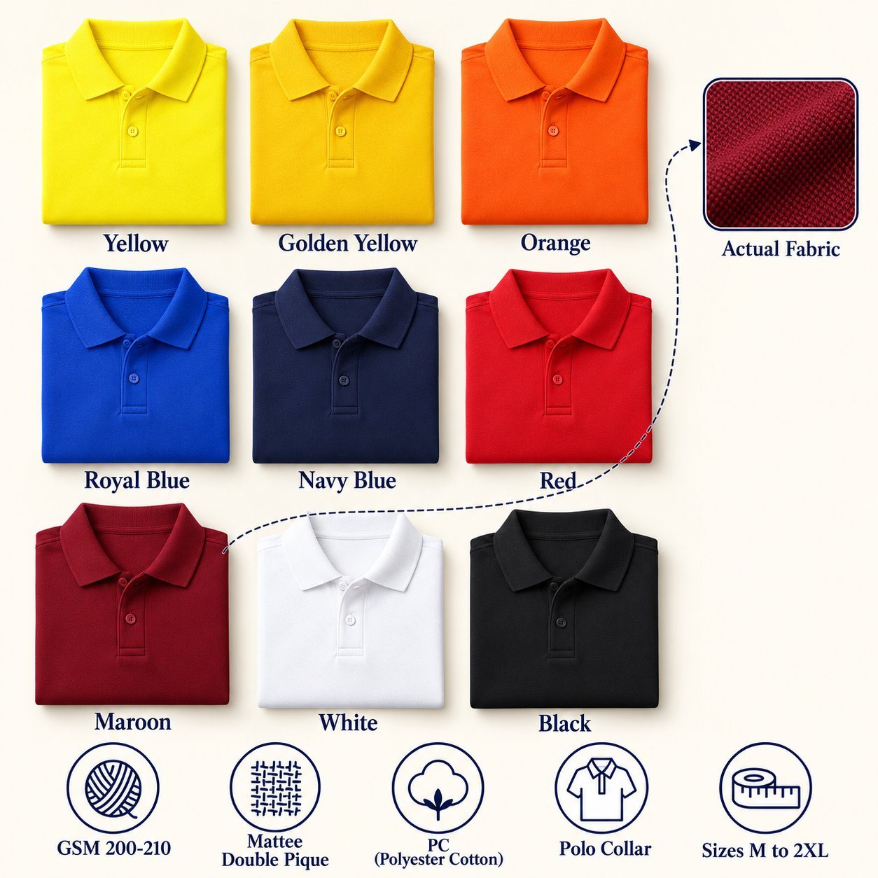 Click to zoom New Castle Polo T-Shirt in all 9 colours, folded, with a fabric close-up and specs (200-210 GSM double pique poly-cotton). Customised corporate polo T-shirts for gifting, uniforms and bulk orders.