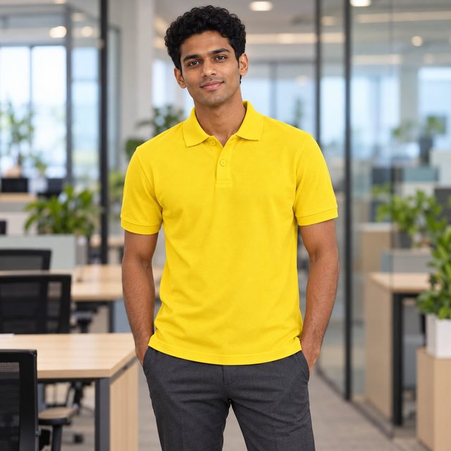 Yellow New Castle Polo T-Shirt customised with your company logo, worn by a man on a modern office floor. Custom logo polo T-shirt for corporate gifting.