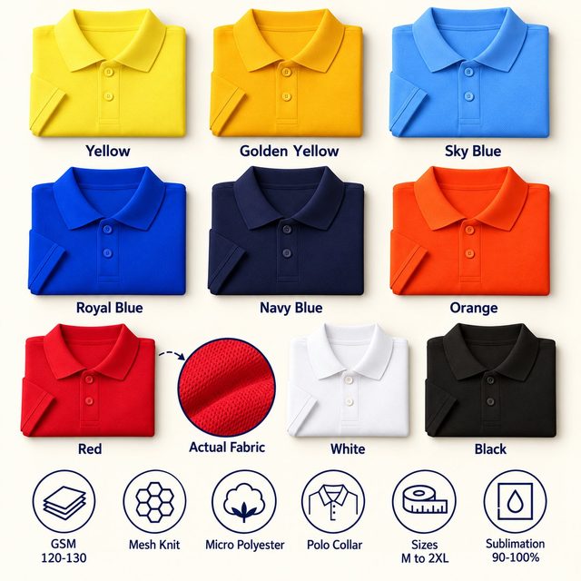 Nirmal Plus Polo T-Shirt in all 9 colours, folded, with a fabric close-up and specs (120-130 GSM mesh knit micro polyester). Customised corporate polo T-shirts for gifting, uniforms and bulk orders.