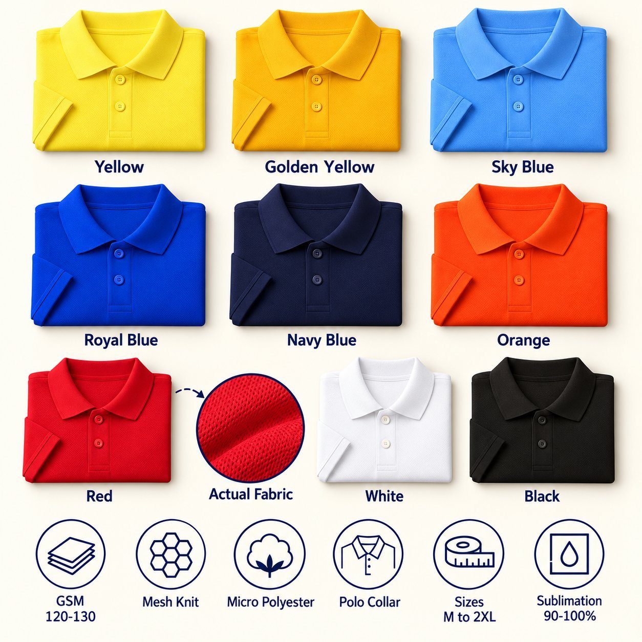 Click to zoom Nirmal Plus Polo T-Shirt in all 9 colours, folded, with a fabric close-up and specs (120-130 GSM mesh knit micro polyester). Customised corporate polo T-shirts for gifting, uniforms and bulk orders.