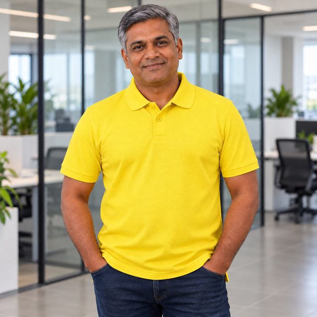 Yellow Nirmal Plus Polo T-Shirt customised with your company logo, worn by a man on a modern office floor. Custom logo polo T-shirt for corporate gifting.