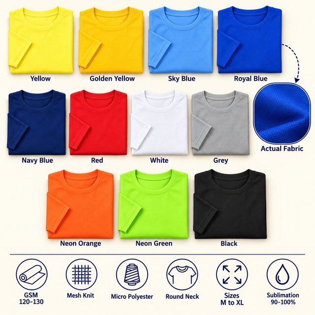 Nirmal Plus Round Neck T-Shirt in all 11 colours, folded, with a fabric close-up and specs (120-130 GSM mesh knit micro polyester). Customised corporate T-shirts for gifting, uniforms and bulk orders.