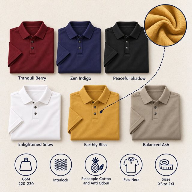Nirvana Polo T-Shirt in all 6 colours, folded, with a fabric close-up and specs (220-230 GSM interlock pineapple cotton and anti odour). Customised corporate polo T-shirts for gifting, uniforms and bulk orders.