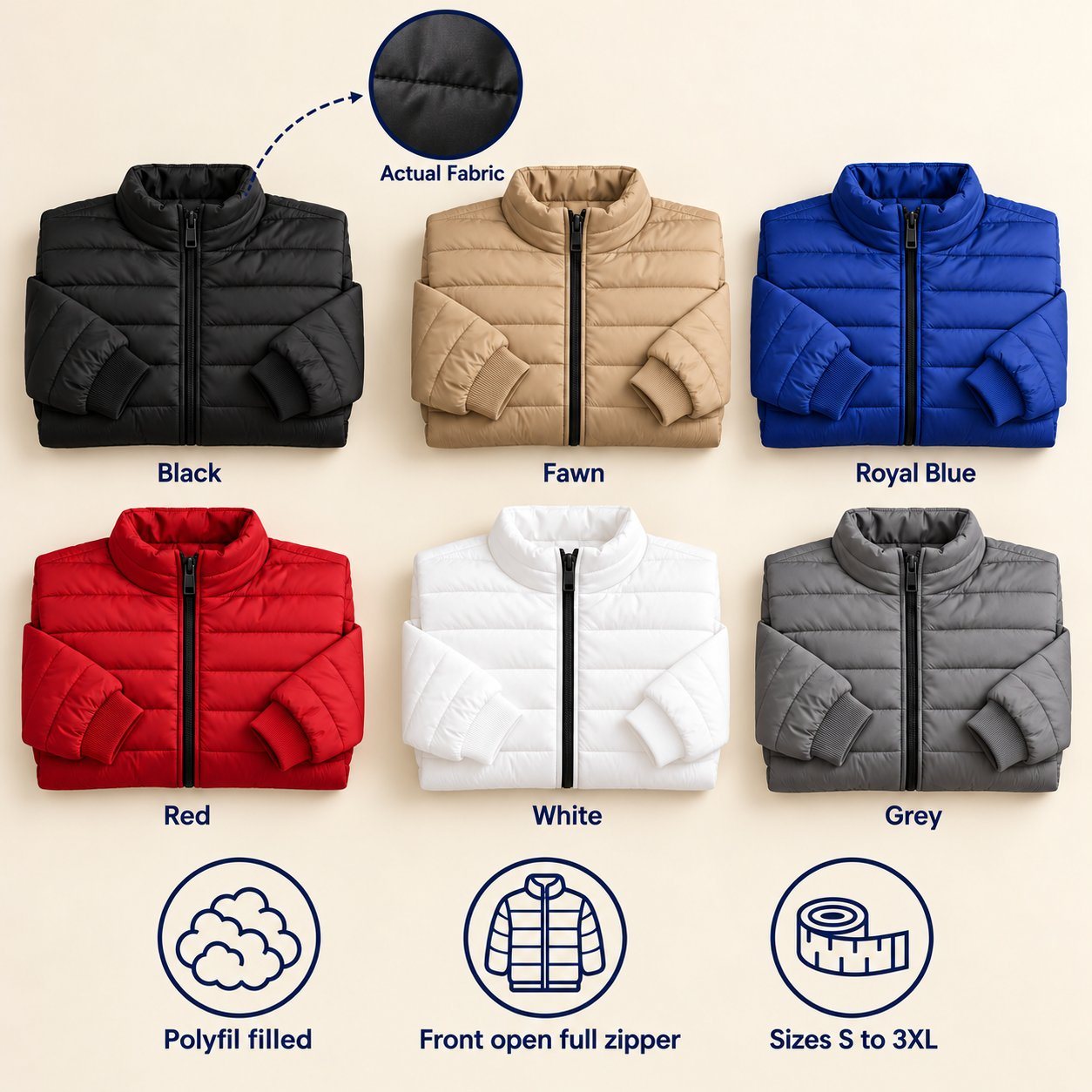 Click to zoom Quilted Bomber Jacket in all 6 colours, folded, with a fabric close-up and specs (polyfil filled). Customised corporate jackets for gifting, uniforms and bulk orders.